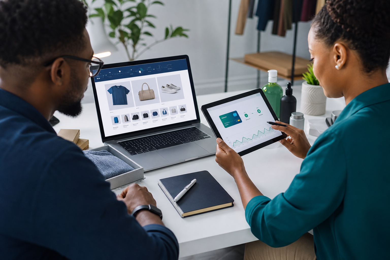 Black ecommerce software team reviewing an online store