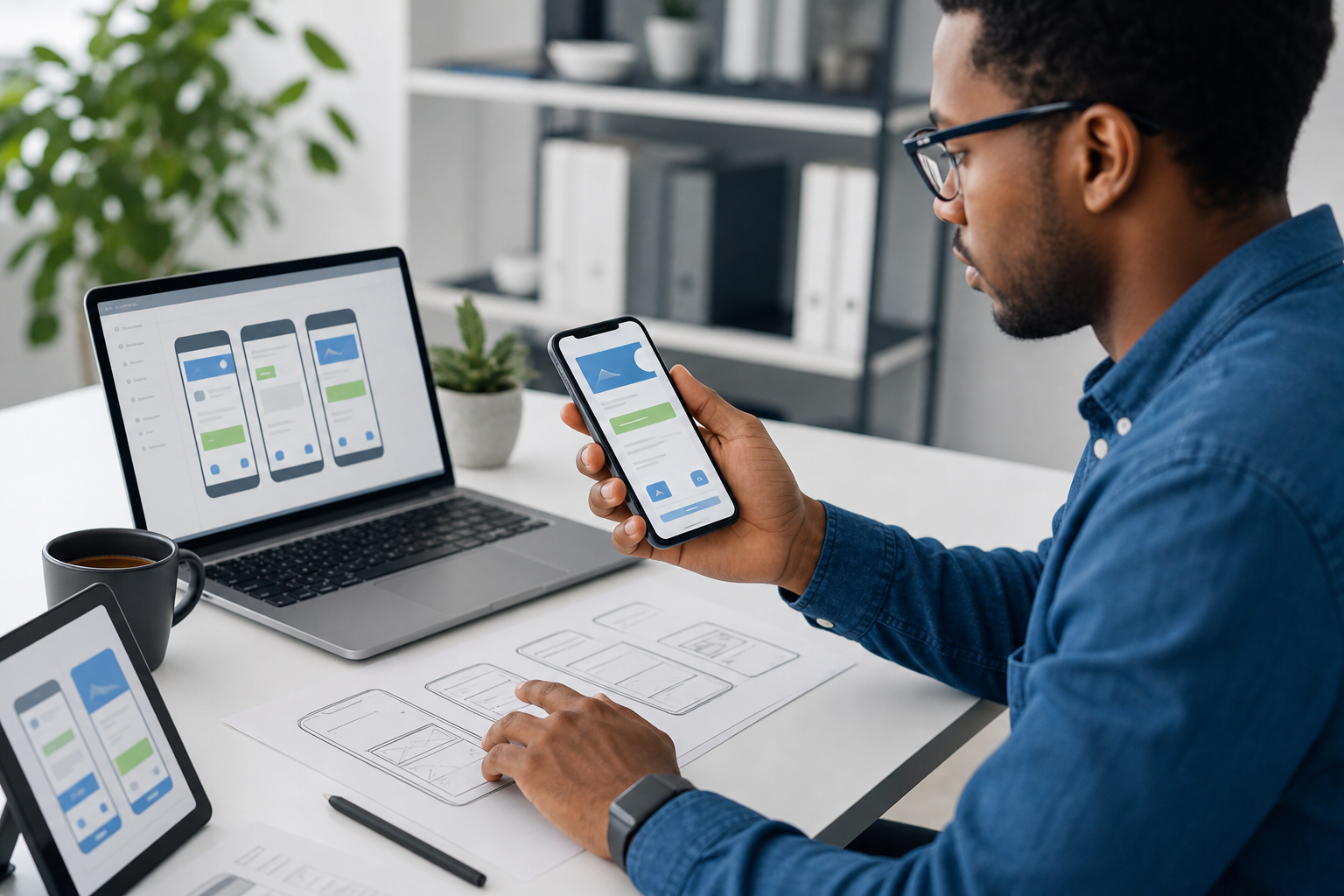 Black mobile app developer testing a phone app