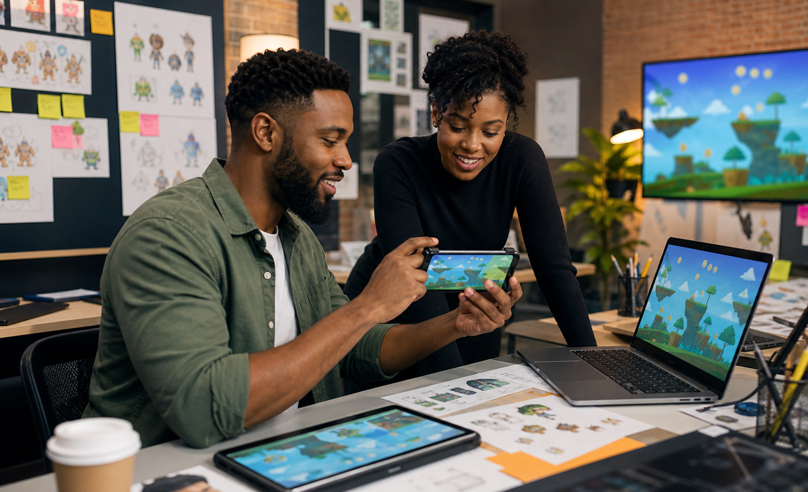 Black mobile game developers testing a game prototype